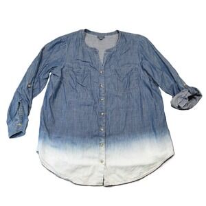 J Jill Ombre Chambray Denim Tunic Shirt‎ L Blue Dip Dyed Roll Tab Sleeves Boho